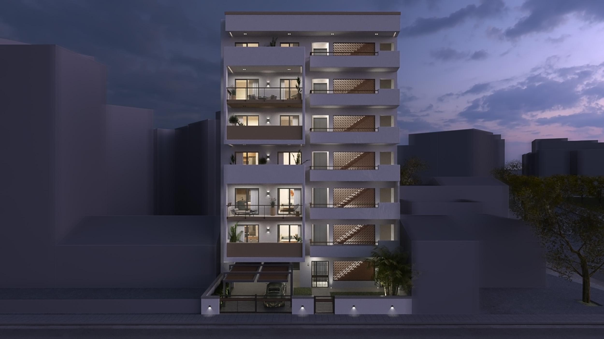 IXNOS Architects Apartment Building in Neo Faliro. Facade. Night.